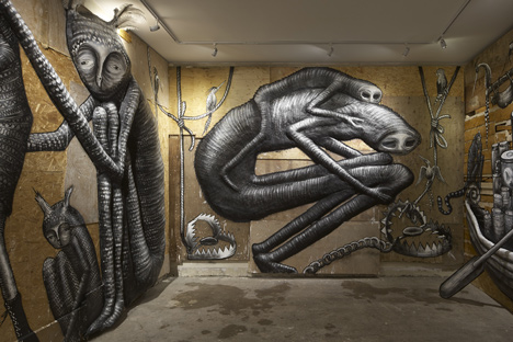 Graffiti fantasy creatures by Phlegm exhibited in east London