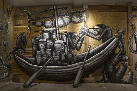 Graffiti fantasy creatures by Phlegm exhibited in east London