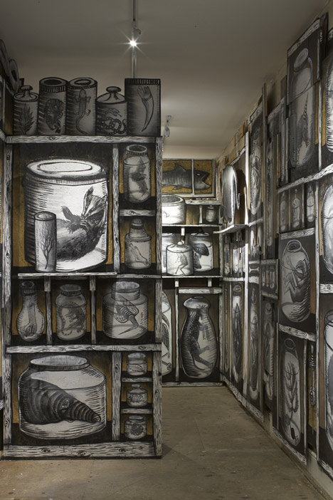 Graffiti fantasy creatures by Phlegm exhibited in east London