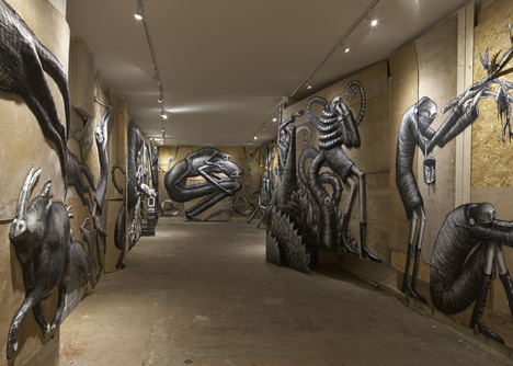 Graffiti fantasy creatures by Phlegm exhibited in east London