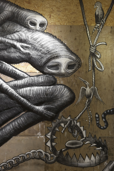 Graffiti fantasy creatures by Phlegm exhibited in east London
