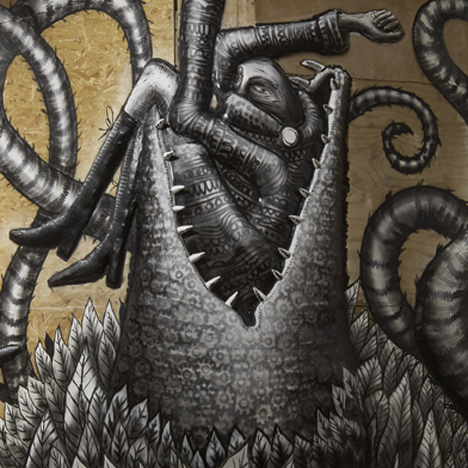 Graffiti fantasy creatures by Phlegm exhibited in east London