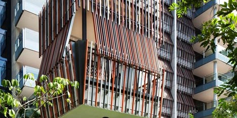 Raised outdoor cabins connected to Goodwood Residence apartments by WOHA