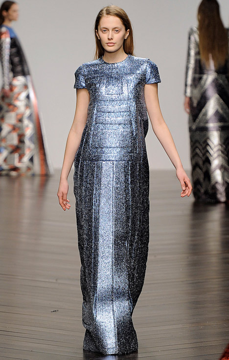 Futuristic gowns formed from metallic neoprene by Sadie Williams