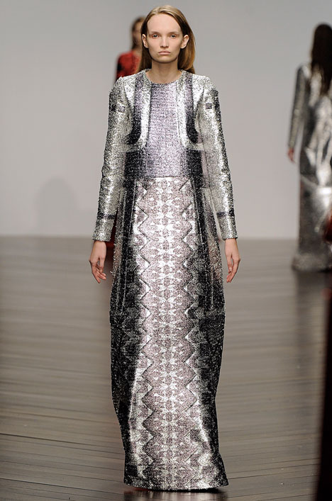 Futuristic gowns formed from metallic neoprene by Sadie Williams