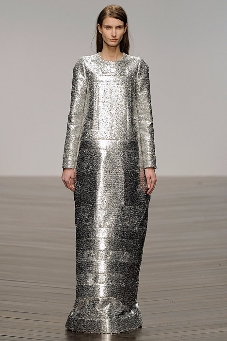 Futuristic gowns formed from metallic neoprene by Sadie Williams