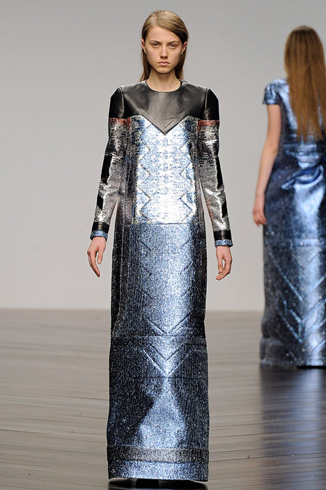Futuristic gowns formed from metallic neoprene by Sadie Williams