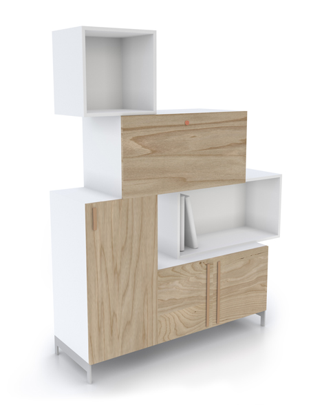 Front designs Tetris storage system made of stacking blocks