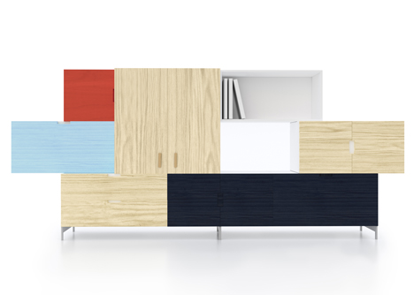 Front designs Tetris storage system made of stacking blocks