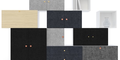 Front designs Tetris storage system made of stacking blocks
