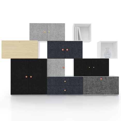 Front designs Tetris storage system made of stacking blocks