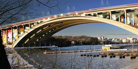 Stockholm bridge transformation by Visiondivision to include a sheltered promenade and cinema