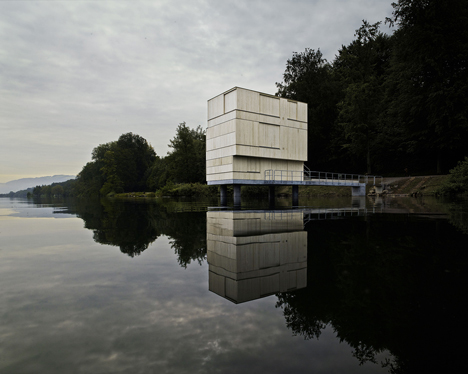 Wooden Zielturm Rotsee tower houses judges for Swiss rowing regatta