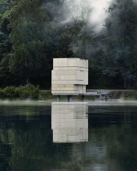 Wooden Zielturm Rotsee tower houses judges for Swiss rowing regatta