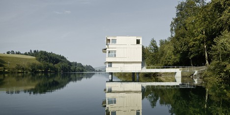 Wooden Zielturm Rotsee tower houses judges for Swiss rowing regatta