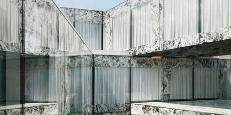 Allianz Headquarters by Wiel Arets features glass fritted to resemble Mies' Barcelona Pavilion