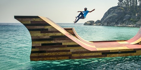 Floating skateboard ramp on Lake Tahoe by Jeff Blohm and Jeff King