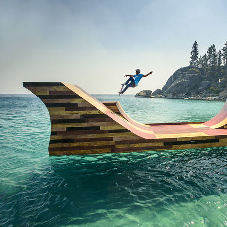 Floating skateboard ramp on Lake Tahoe by Jeff Blohm and Jeff King