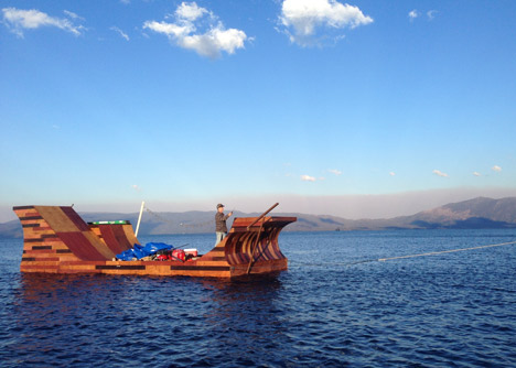 Floating skateboard ramp on Lake Tahoe by Jeff Blohm and Jeff King