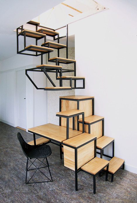 Suspended staircase combined with desk and storage space by Mieke Meijer