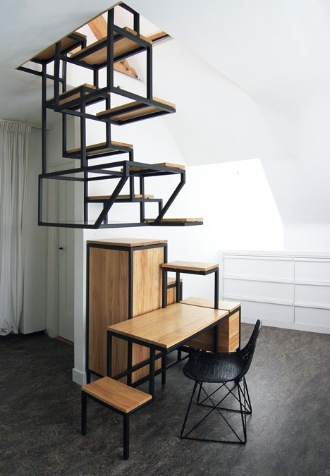 Suspended staircase combined with desk and storage space by Mieke Meijer
