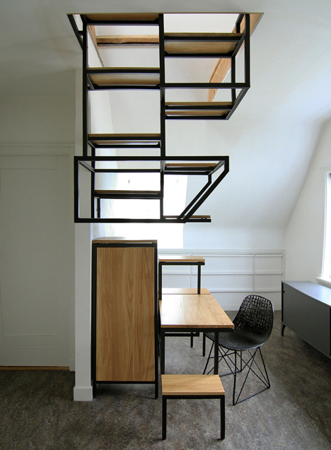 Suspended staircase combined with desk and storage space by Mieke Meijer