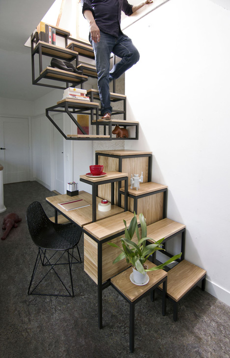 Suspended staircase combined with desk and storage space by Mieke Meijer