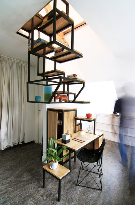 Suspended staircase combined with desk and storage space by Mieke Meijer