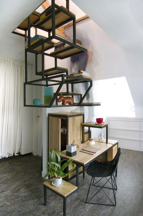 Suspended staircase combined with desk and storage space by Mieke Meijer
