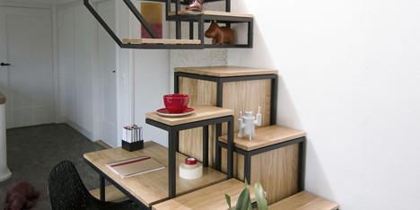 Suspended staircase combined with desk and storage space by Mieke Meijer