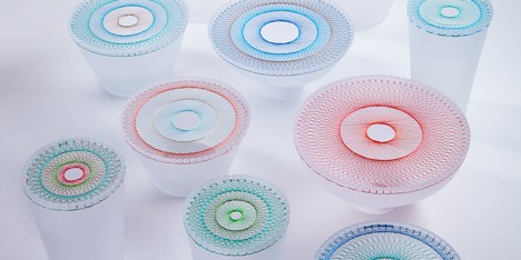 Thread patterns cover blown-glass tableware by Jun Murakoshi