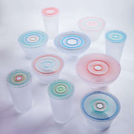 Thread patterns cover blown-glass tableware by Jun Murakoshi
