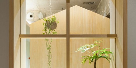 Garden-like office interior by Tsubasa Iwahashi boasts hanging baskets and a wooden shed