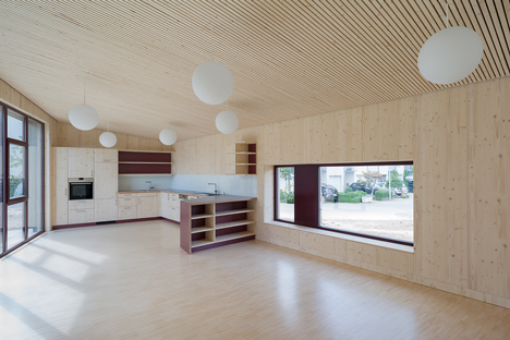 Timber clads interior and exterior of Mattes Sekiguchi's Kleinkindhaus nursery