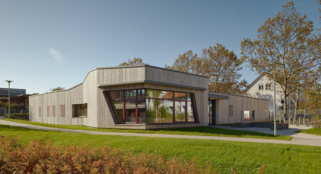 Timber clads interior and exterior of Mattes Sekiguchi's Kleinkindhaus nursery