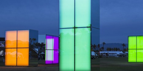 Neon mirrors by Phillip K Smith III created glowing beacons at Coachella