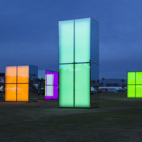 Neon mirrors by Phillip K Smith III created glowing beacons at Coachella