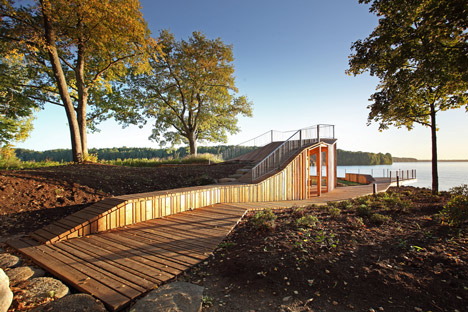 Wooden viewing platform looks out over Latvia's River Daugava