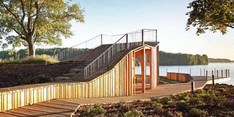 Wooden viewing platform looks out over Latvia’s River Daugava