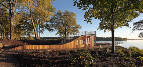 Wooden viewing platform looks out over Latvia's River Daugava
