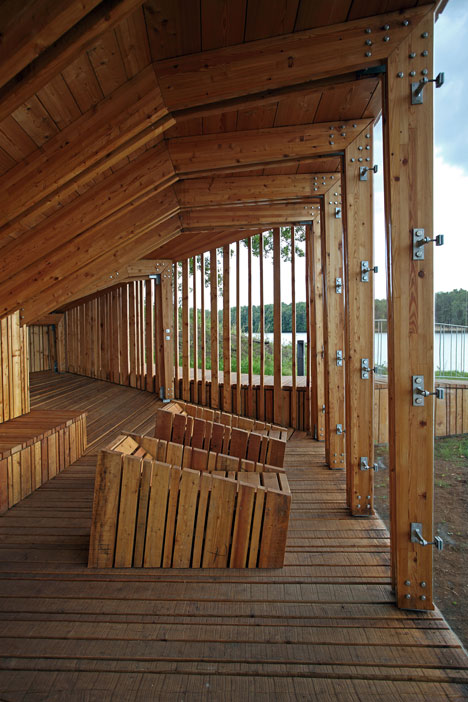 Wooden viewing platform looks out over Latvia's River Daugava