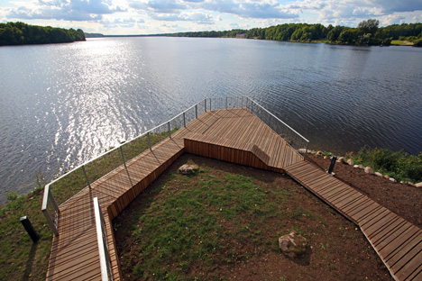 Wooden viewing platform looks out over Latvia's River Daugava