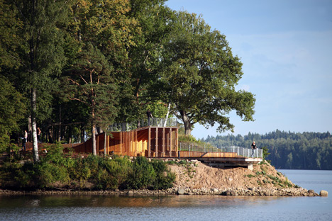 Wooden viewing platform looks out over Latvia's River Daugava