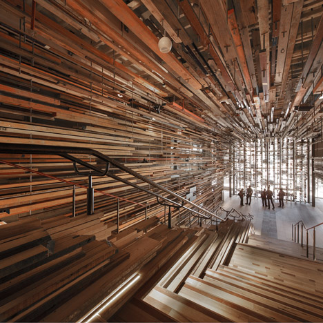 March Studio adds thousands of timber planks  to staircase of Canberra’s Hotel Hotel