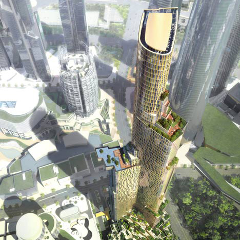 Block H by Kohn Pedersen Fox features a cantilevered rooftop pool