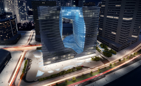 The Opus exterior at night