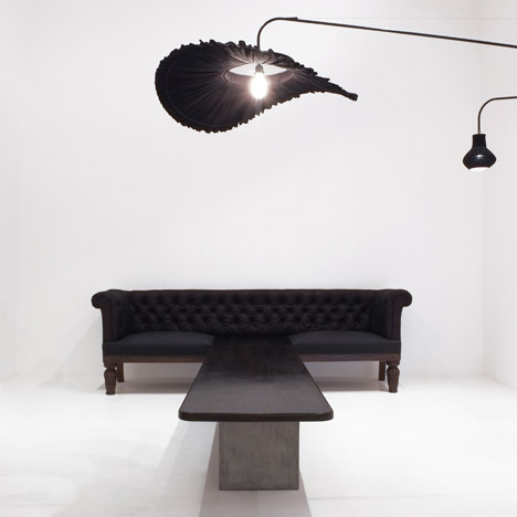 JamesPlumb repurposes antique Burnished Indigo fabric for lampshades and sofa upholstery