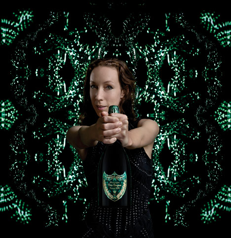 This image: Iris van Herpen holding a bottle of Dom Pérignon Vintage 2004 Limited Edition – top image: the Cocoonase, by Iris van Herpen