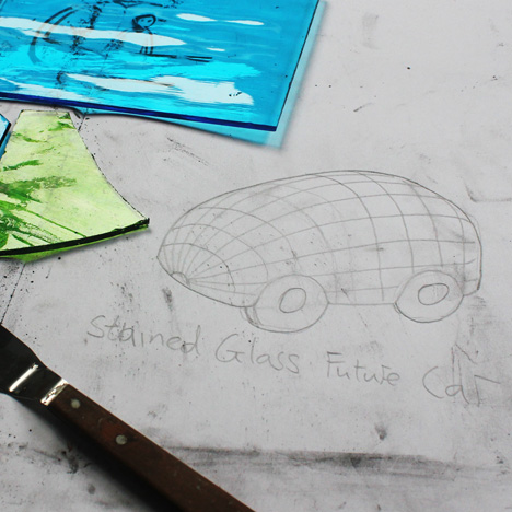 Behind the scenes with Dominic Wilcox making his “stained-glass driverless car”