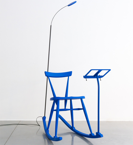 Ab Rogers blue rocking chair for Ercol
